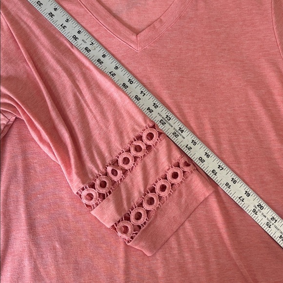Coral V-Neck Top with Lace Sleeves - Picture 8 of 9